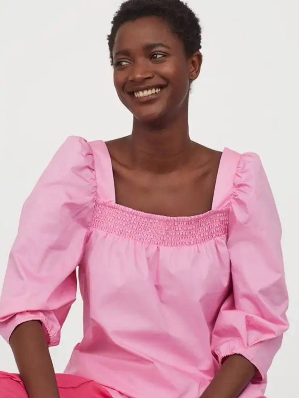 H&M Pink Smocked Square-Neck Puff‎ Sleeve Blouse